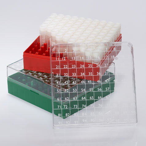 BioBOX 100, for 1.0mL and 2.0mL Internal Threaded CryoCLEAR vials, Polycarbonate (PC), Holds 100 vials (10x10 format), Printed Lid, Pack Includes a CryoClear Tube Picker, BLUE