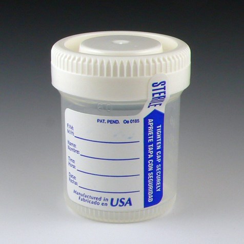 Container: Tite-Rite, 60mL (2oz), PP, STERILE, Attached White Screw Cap, ID Label with Tab Seal and Temperature strip, Graduated