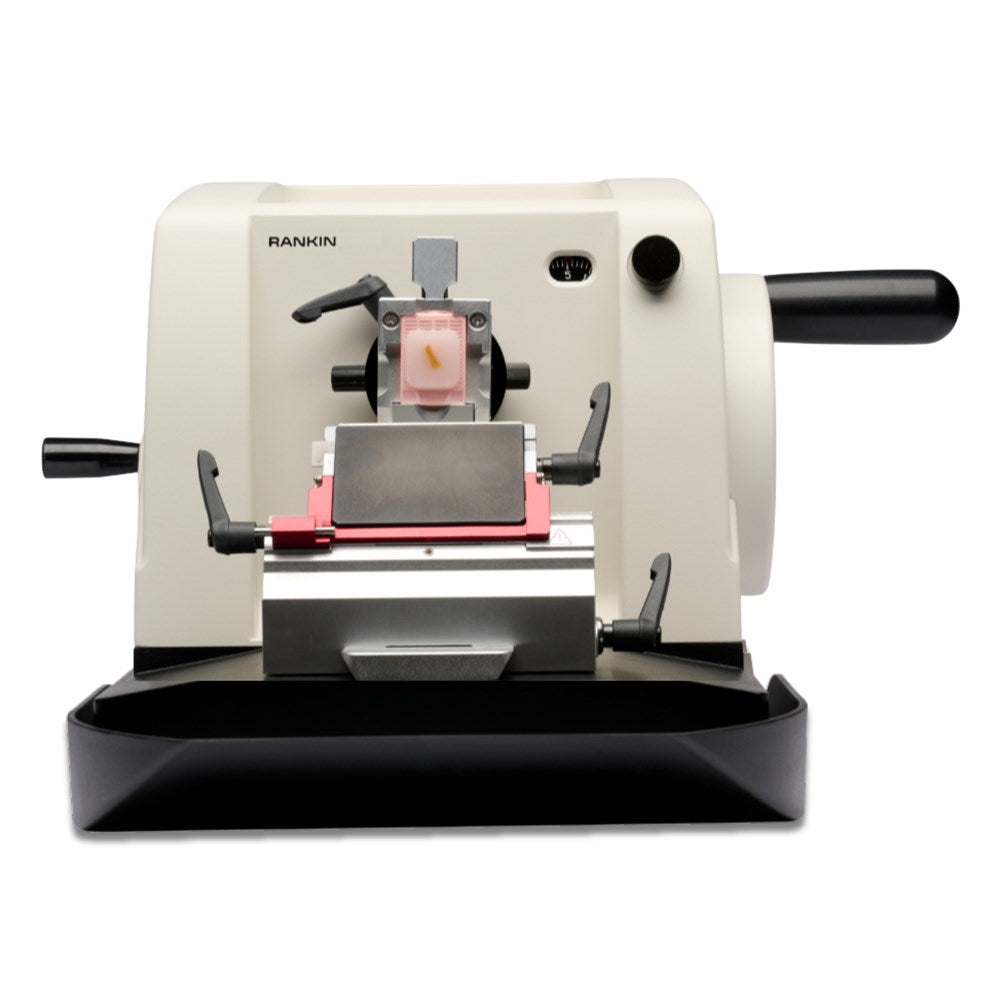 Rankin Manual Microtome used for precise tissue sectioning, featuring a sturdy metal frame and adjustable cutting mechanism.