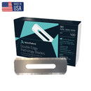 Box of 100 AccuTec double edge blades for safety razors, sharp stainless steel consumables for precise shaving.