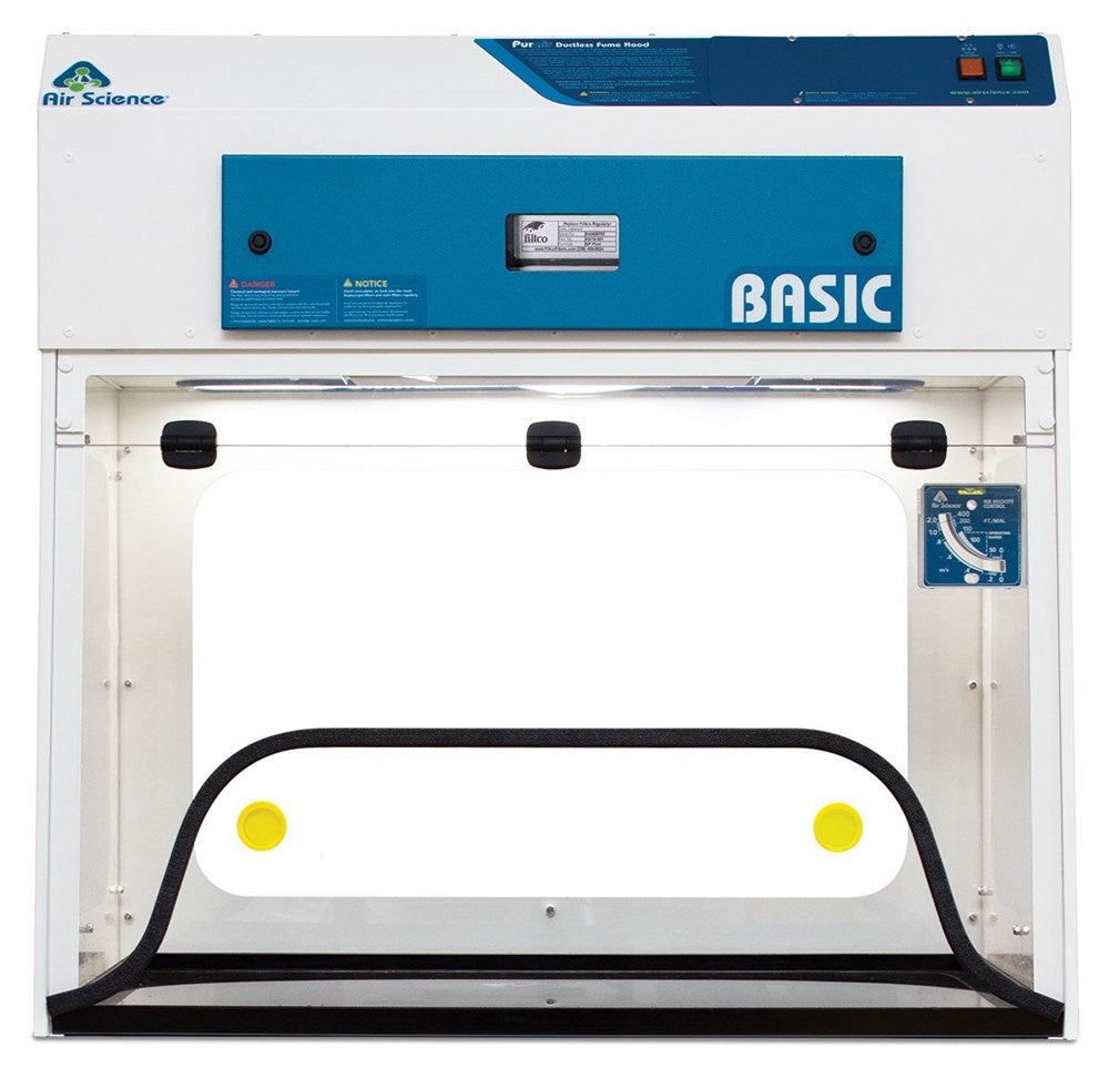 Air Science Purair BASIC fume hood, laboratory equipment with safety glass and ventilation system for chemical fumes.