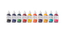 Set of seven Dropper-Tip Tissue Marking Dyes by Cancer Diagnostics in black, blue, green, red, yellow, orange, and violet for lab use.