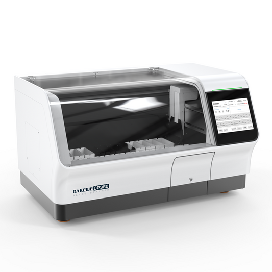 Dakewe DP360 H&E Slide Stainer equipment for histology staining, with control panel and slide holders visible.