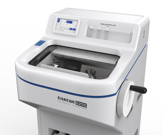 Dakewe 6250 Cryostat, a laboratory equipment piece with digital controls and a sleek design for precise tissue sectioning.