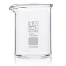 Set of 48 Globe Scientific 10ml glass Griffin-style beakers, durable laboratory consumables for precise liquid measurement.