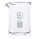 Set of 48 Globe Scientific 10ml Glass Griffin Style Beakers for laboratory consumables, clear glass with measurement markings.
