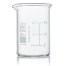 Set of 48 Globe Scientific glass Griffin-style beakers, 10ml capacity, laboratory consumables for precise liquid measurement.