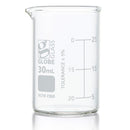 Set of 48 Globe Scientific glass Griffin-style beakers, 10 ml capacity, used for laboratory consumables and scientific experiments.