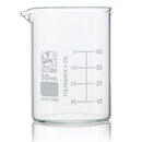 Set of 48 Globe Scientific 10ml glass Griffin-style beakers for laboratory consumables, clear and durable with measurement markings.
