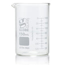 Set of 48 Globe Scientific 10ml glass Griffin-style beakers for laboratory consumables, transparent with measurement markings.