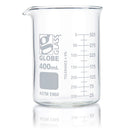 Set of 48 Globe Scientific 10ml glass Griffin-style beakers, clear laboratory consumables for precise liquid measurement.
