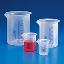 Set of 20 Globe Scientific Griffin Style polypropylene beakers with printed graduation marks, 25 ml capacity for laboratory use.
