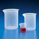 Two Globe Scientific Griffin Style polypropylene beakers with molded graduation marks, 3000 ml capacity, shown in a case.