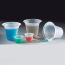 Set of four pour spout disposable beakers by Globe Scientific, 5 ml, shown in a case of 1000 for laboratory use.