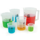 Set of 12 Globe Scientific plastic Griffin-style beakers, 50ml capacity, used for laboratory consumables and scientific experiments.