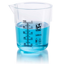 Pack of 12 Globe Scientific 50ml plastic Griffin-style beakers for laboratory consumables, transparent and with measurement markings.