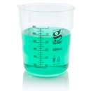 Set of 12 Globe Scientific 50ml plastic Griffin-style beakers for laboratory consumables, with clear measurement markings.