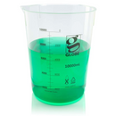 Set of 12 Globe Scientific 50ml plastic Griffin-style beakers for laboratory use, with clear measurement markings.