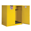 Yellow Justrite flammable safety cabinet with manual close drum rollers, designed for 110-gallon flammable liquid storage.
