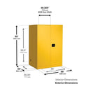 Yellow Justrite flammable safety cabinet with manual close drum rollers for storing 110-gallon flammable liquids.