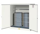 Yellow Justrite flammable safety cabinet with manual drum rollers for 110-gallon flammable storage equipment.