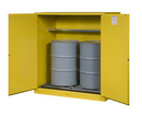 Yellow Justrite flammable safety cabinet with manual close drum rollers for 110-gallon flammable material storage.