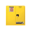 Yellow Justrite 30G flammable safety cabinet for storing hazardous materials, with manual close door and sturdy metal construction.