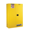 Justrite 45-gallon yellow flammable safety cabinet for secure storage of hazardous materials, with manual close doors.