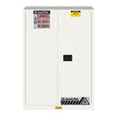 Yellow Justrite flammable safety cabinet, 45-gallon capacity, used for storing hazardous materials securely.