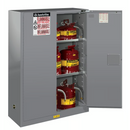 Gray Justrite flammable safety cabinet with self-closing door, designed for storing hazardous materials, 45-gallon capacity.