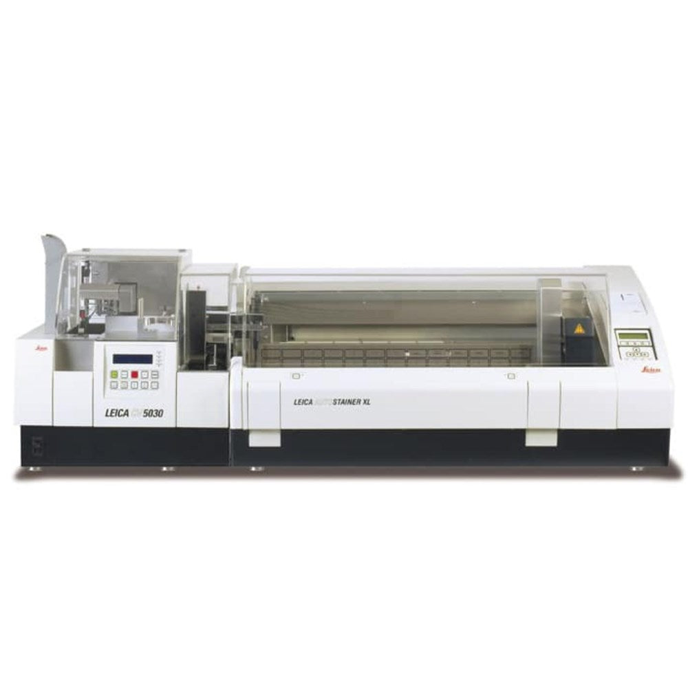 Leica Biosystems Autostainer XL ST5010 and CV5030 coverslipper workstation for automated slide staining and coverslipping.