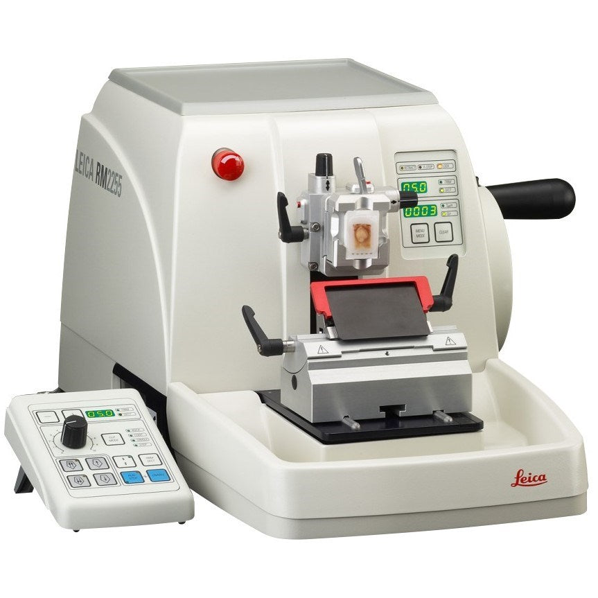 Leica RM2255 automated microtome used for precise tissue sectioning in laboratory equipment setup.
