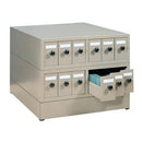 Beige Quincy steel stackable slide storage cabinet system with multiple compartments and sliding doors, ideal for organized equipment storage.