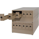 Beige Quincy steel stackable slide storage cabinet system with multiple compartments for organized equipment storage.