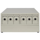 Beige Quincy steel stackable slide storage cabinet system with multiple drawers, designed for organized equipment storage.