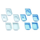 Set of 12 blue-coated metal base molds for consumable use, 15x15x5 mm, by Rankin Biomedical.