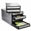 Stackable Rankin plastic cassette storage drawers with two compartments for organizing small items or consumables.