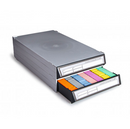 Stackable plastic cassette storage drawers by Rankin, showing two clear, stackable plastic drawers for organizing small items.