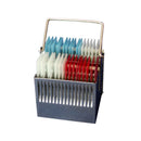 Stainless steel slide racks for glass, designed by Rankin, shown with multiple slides arranged in a secure, organized manner.