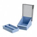 Blue plastic slide file storage system by Rankin, designed for organizing and storing 200 slides securely.