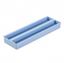 Blue plastic Rankin slide file storage system with 200 slide slots for organizing consumables and presentation slides.
