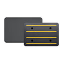 Black Rankin anti-fatigue mats with dual grip surface, designed for comfort and durability in workspaces.