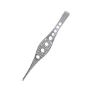 Ergonomic stainless steel forceps with angled serrated tips, designed for precise handling in medical or laboratory use.