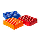 Blue Rankin centrifuge tube racks holding 5ml tubes, set of five for laboratory sample organization.