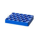 Blue Rankin centrifuge tube racks holding 5ml tubes, designed for laboratory use, shown with five racks in the image.