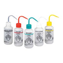 Set of five GHS compliant 16oz Rankin wash bottles for chemicals like acetone, distilled water, ethanol, and isopropanol.