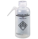 Set of five Rankin GHS compliant 16oz wash bottles with clear plastic bodies for chemicals like acetone, water, and alcohol.