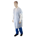 Blue knee-length lab coat with three pockets from Rankin, designed for professional laboratory or medical use, shown in image.