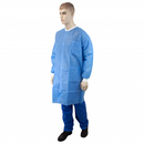 Blue knee-length lab coat with three pockets, designed for professional use, by Rankin, shown in a group image.
