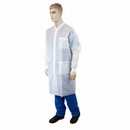 Blue knee-length lab coat by Rankin with three pockets, designed for professional laboratory or medical use.